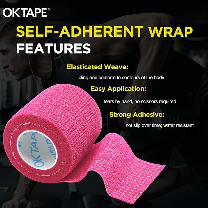 OK TAPE 12 Rolls Self Adhesive Bandage Wrap, Cohesive Elastic Athletic Tape | Vet Wrap, Sports Tape, Medical Wrap for Wrist, Feet, Self Stick Bandage Tape, 2" x 5 Yards - Pink