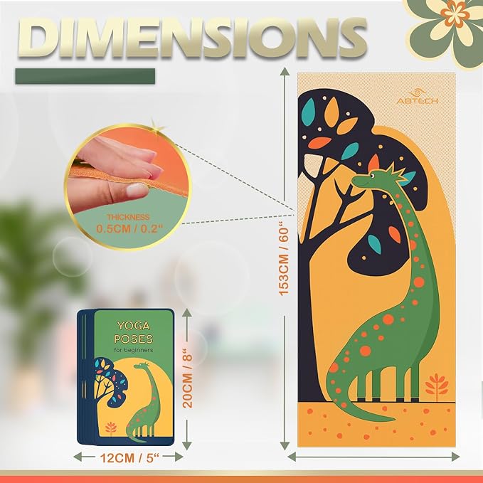 Kids Yoga Mat Set - Comfortable Dinosaur Kid Yoga Mat Boy with 12 Yoga Cards, Storage Bag, Beige Play Mat Thick for Gymnastics Mat, Exercise Mat, No-Toxic and Non-Slip for Ages 3-12