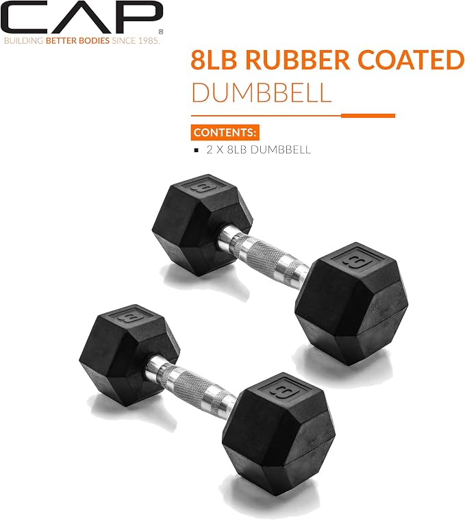 CAP Rubber Coated Dumbbell Weights, Free Weights for Home Gym Strength Training, Anti-Roll Hex Dumbbells with Black, Chrome & Comfort Grip Handles, Pairs & Sets