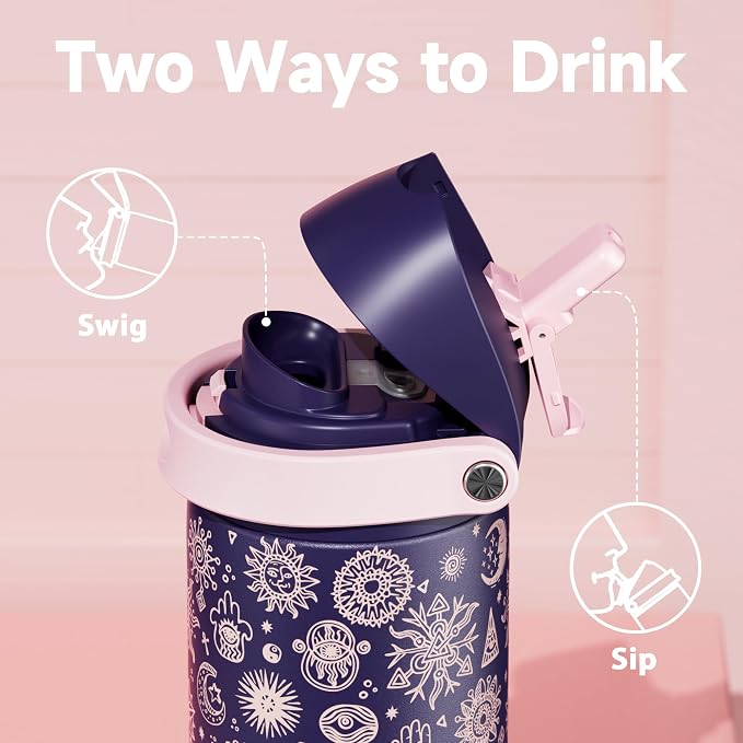 24 oz Insulated Water Bottle for Women: Meoky Stainless Steel Metal Water Bottle with 2-in-1 Straw and Spout Lid - Leak Proof, Cold for 24 Hours, Protective Silicone Base, BPA-Free for School, Arcana