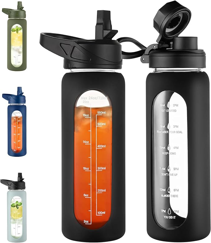 CIVAGO 24 oz Glass Water Bottle with Straw, Large Motivational Water Jug | Time Marker, 2 Leakproof Lids, Wide Mouth, Water Flask Cup with Handle and Silicone Sleeve, for Gym, Sports, Juices, Black