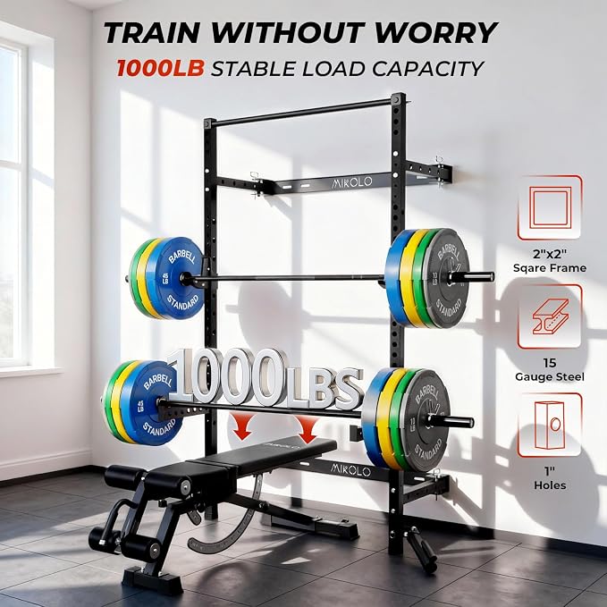 Mikolo 2" x 2" Folding Wall Mounted Squat Rack, 1000 Pounds Capacity Power Rack with Pull Up Bar, J Hooks and Other Attachments, Space-Saving Home Gym