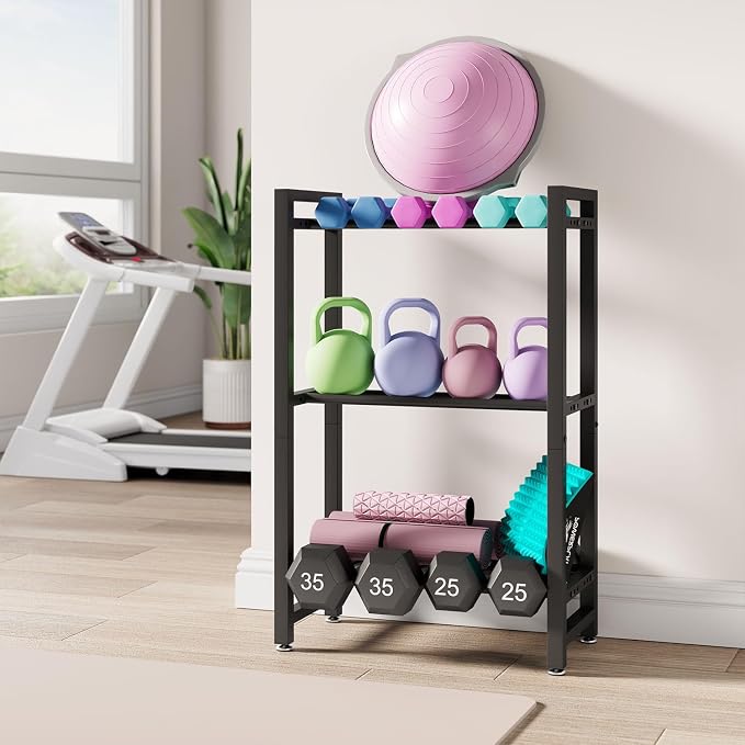 IBUYKE 2 Tier | 3 Tier Dumbbell Rack, Adjustable Weight Rack for Home Gym, Space-Saving Heavy-Duty 300LB | 450LB Capacity Weight Storage Racks for Kettlebells, Dumbbells Equipment Storage, Rack Stand Only
