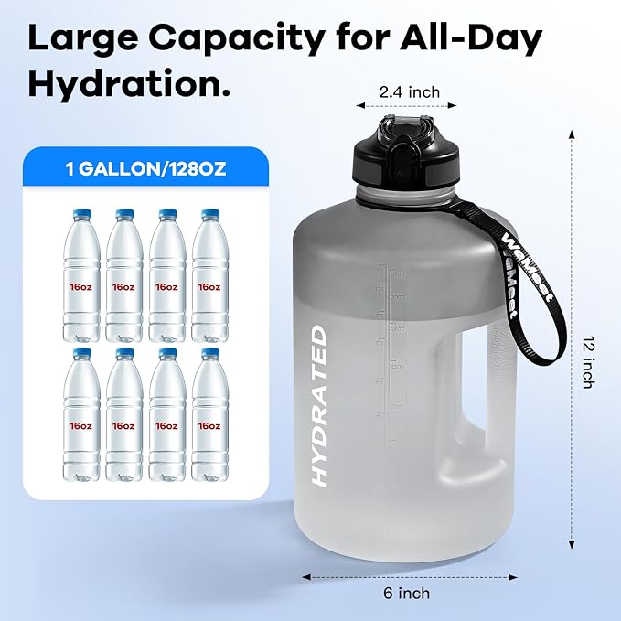 WEMEET Big Reusable Sport Water Jug with non-slip handle, 1 Gallon Water Bottle with Straw and Time Marker, for All Day Hydration, Exercise and Outdoor (Black White)