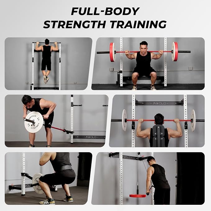 Mikolo 2" x 2" Folding Wall Mounted Squat Rack, 1000 Pounds Capacity Power Rack with Pull Up Bar, J Hooks and Other Attachments, Space-Saving Home Gym