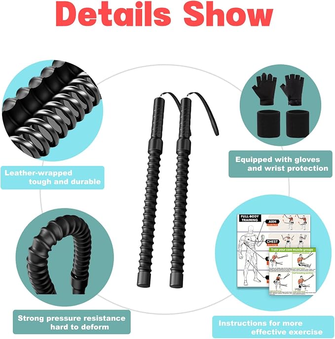 Ropeless Battle Ropes, Weighted Portable Workout Ropes For Home Gym 2PCS | Cordless Jump/Arm Exerciser With Non-Slip Gloves & Training Poster – HIIT, Low-Impact Cardio & Strength/Muscle Training