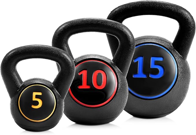 Goplus 3 Pieces Kettlebell Set, 5, 10, 15 lbs HDPE Coated Concrete Fitness Kettle Bells w/Easy Grip Wide Handle, Home Gym Exercise Weights HIIT Workout, Weightlifting, Strength Training, Conditioning