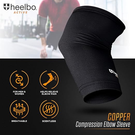 Heelbo Elbow Sleeve and Elbow Compression Sleeve with Copper Infused Fibers and Breathable Fabric for Tendonitis, Golfers Weight Lifting, Tennis Elbow or Arthritis for Men and Women, Black, Large
