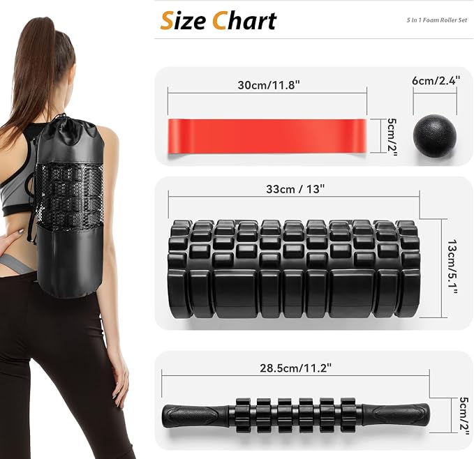 SUBCULTUREPICK 5 in1 Foam Roller Set, Trigger Point Foam Roller Deep Tissue | Massage Roller Stick, Massage Ball, Resistance Band for Physical Therapy, Pilates Yoga,Fitness Exercise for Whole Body Black