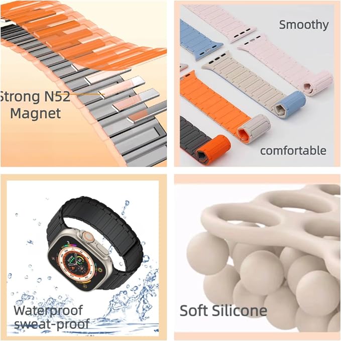 Magnetic Band Compatible with Apple Watch Ultra 3/2/1 Band for Men 49mm 46mm 45mm 44mm 42mm, Silicone Sport Waterproof Loop Strap Magnet Link for iWatch Series SE 11 10 9 8 7 6 5 4 3 2 1