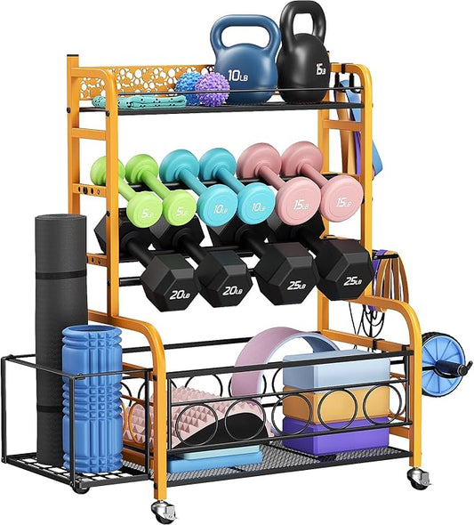 VOPEAK 3-Tier Dumbbell Rack with Wheels, Weight Rack for Home Gym Storage | Stores dumbbells, kettlebells & yoga mats. Lockable wheels for mobility. Sturdy steel frame, easy 15-min assembly