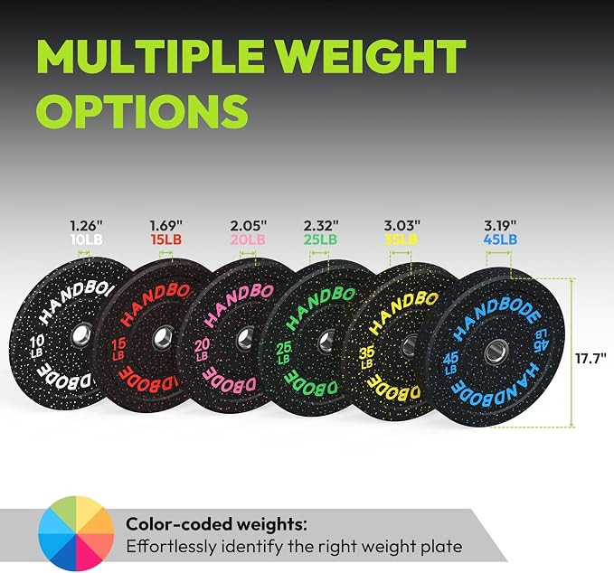 HANDBODE Olympic Barbell Set, 2-Inch Bumper Plates with Weight Plate Rack | Colored Crumb Rubber Weight Plates for Weight Lifting & Strength Training, 90–530 lb Set with 45 LB (20 kg) Olympic Barbell