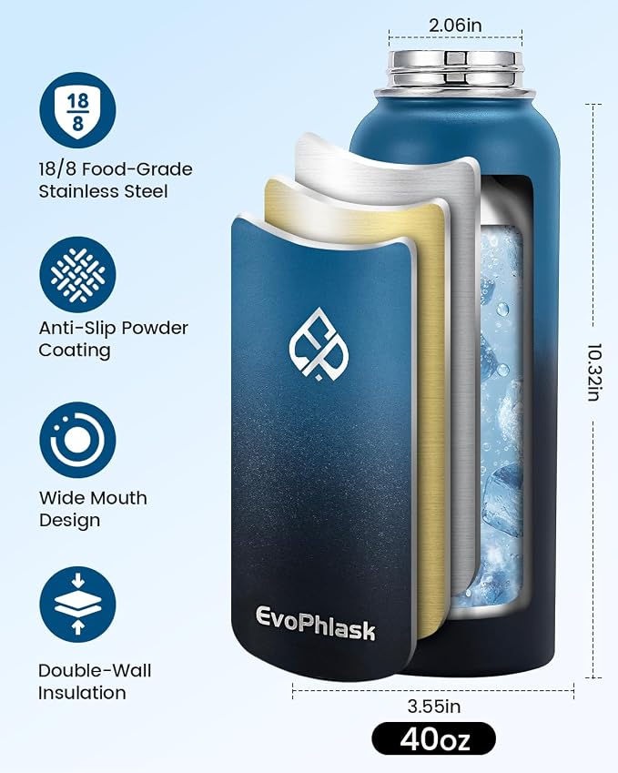 40 oz Insulated Water Bottle(Cold for 48Hrs), Indigo Black | Stainless Steel, BPA Free, Leak Proof, Large Metal Water Jug, For Sport, Hiking, Camping, Travel