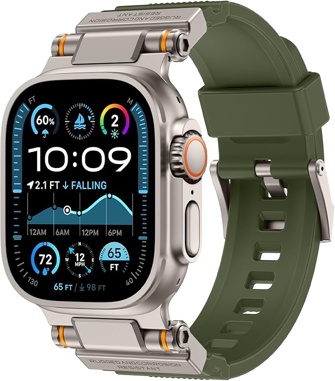 Band Compatible with Apple Watch Ultra 3/2/1 Band 49/46/45/44mm | Metal Connector with Silicone Rugged Strap for iWatch Ultra Series 11/10/9/8/7/6/SE3/SE2/SE/5/4/3/2/1, Army Green/Titanium