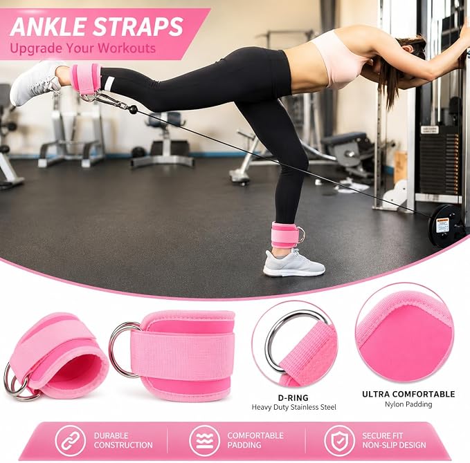 SINYWAY Barbell Pad Set for Squat,10 PCS Hip Thrusts Workout Foam Weight Lifting Bar Cushion with 2 Gym Ankle Straps,3 Hip Resistance Bands,2 Lifting Strap,Barbell Pad and Carry Bag
