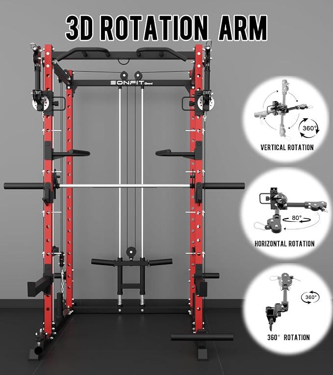 Eonfit E5 Smith Machine with Leg Press for Home Gym | Functional Trainer Power Rack Power Cage With Pivot Arms Lat Cable Crossover Pulley System All In One For Garage Apartment