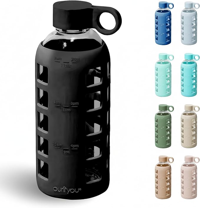 purifyou 40oz / 32oz / 22oz / 12oz Borosilicate Glass Water Bottle with Time & Volume Markers, Silicone Sleeve, Stainless Steel Lid | Reusable Glass Bottle for Water & Juice (22oz Jet Black)
