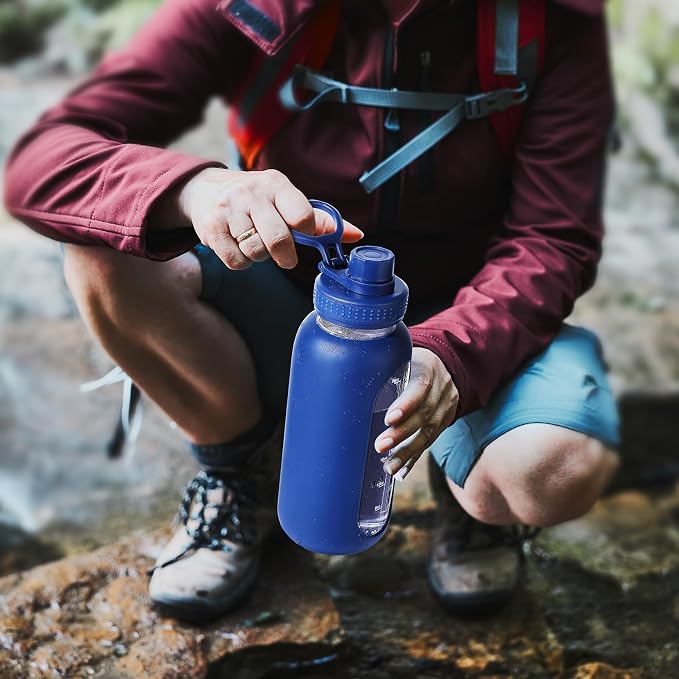 EALGRO 40 oz Glass Water Bottle with Straw, Large Sports Water Jug | Sports Motivational Water Bottle with Time Marker and Silicone Sleeve, Flask Cup for Travel, Gym, Hiking, Dark Purple