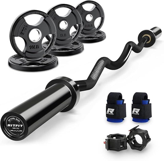 RitFit 2 Inch EZ Curl Bar Olympic Barbell with Weight Plates & Collar | 4FT EZ Curl Bar with 35LB Weight Plates, Collars for Bicep, Tricep Workout, Weightlifting, 350LBS Weight Capacity