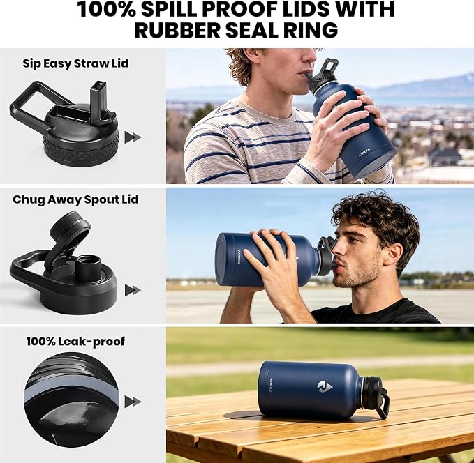 RAYMYLO Insulated Water Bottle 64 oz, Triple Wall Vacuum Stainless Steel | (Cold for 48 Hrs), Leak Proof & Non-BPA, Half Gallon Water Flask Jug with Paracord Handle & Straw Spout Lids, Navy Blue