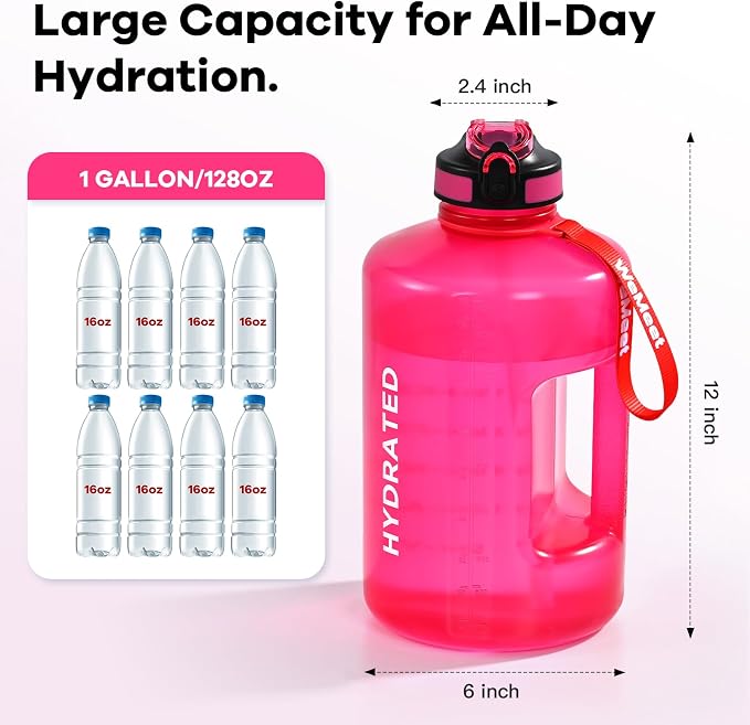 WEMEET Motivational Gallon Water Bottle, BPA Free, Large Sport Water Jug with Handle & Straw, for Fitness, Outdoor, Gym, Travel, Camping, Office (Pink)