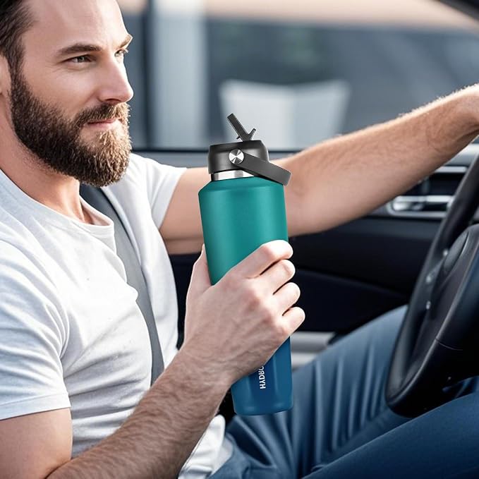 HYDROWION 40 oz Insulated Water Bottle, Car Water Bottle Holder - Double Wall Vacuum Insulated Travel Bottle with Straw Lid, Spout Lid and Flex Cap - Cold for 24H, Hot for 12H, Blue - Lake Green