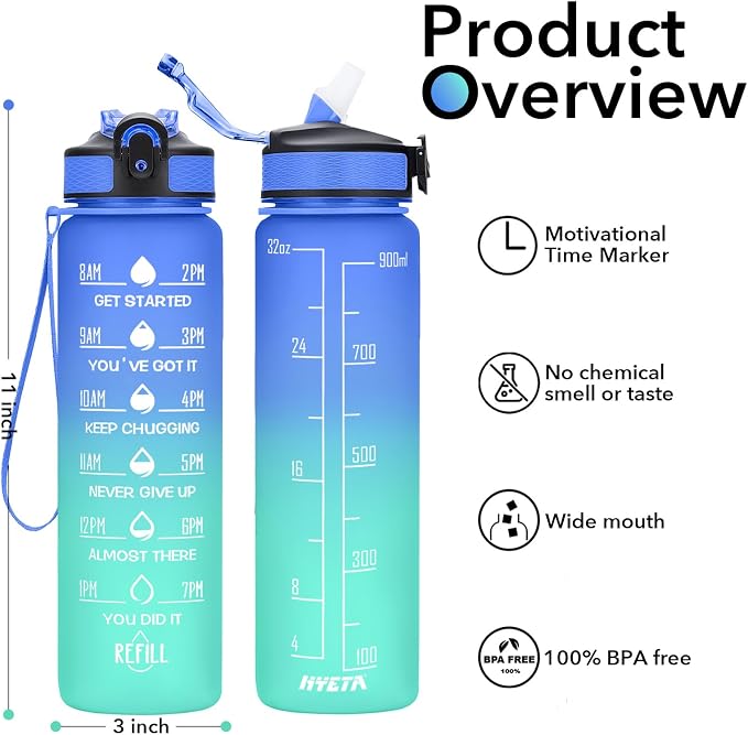 Hyeta Water Bottle with Straw & Time Marker, Plastic 32oz Leakproof | Motivational Tritan BPA Free Gym Office Outdoor Intake Tracker Hourly Reminder Straw Lid Carry Strap