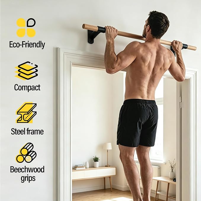 Wall Mounted Pull Up Bar | Solid Wood Pull Up Bar for Home Gym | 286 lb Chin Up Bar with Fischer Anchors | 1.14 in Grip Hanging Bar for Rope & Ab Training