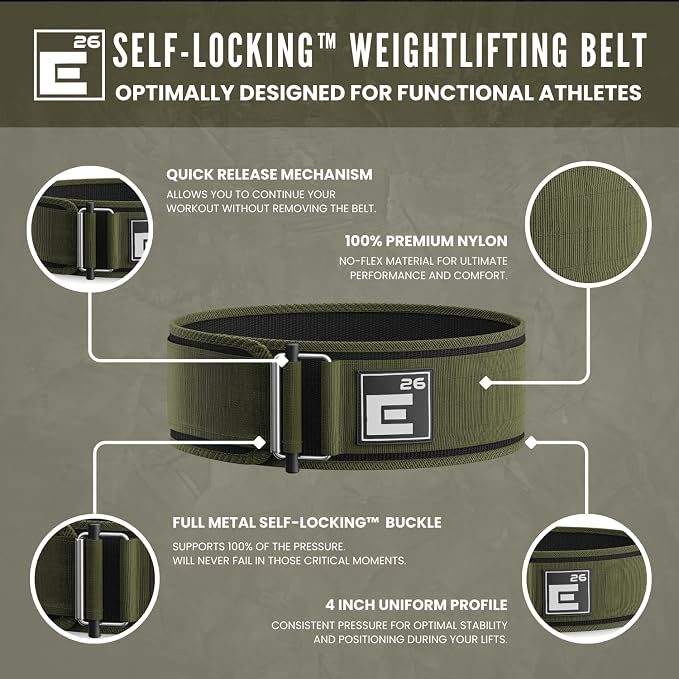 Element 26 Self-Locking Weight Lifting Belt | 4” Back Support for Gym, Powerlifting, Body Building, Cross Training, Men, Women, Deadlift, Squat, Quick Locking, Competition