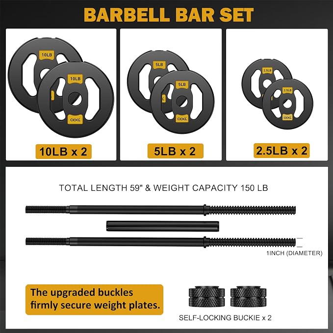 Barbell Bar Set - 45 LB Adjustable Weights-Lifting Standard Straight Bars | Olympic Barbell Bar for Bench Press/Hip Thrusts/Squats/Lunges/Muscle Building Fitness for Gym and Home Strength Training