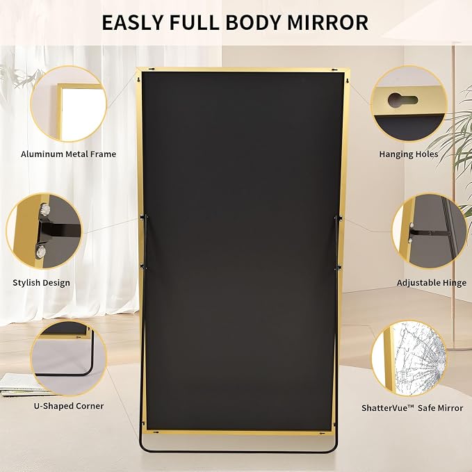 Easly 40"X86" Full Length Mirror with Stand, Gold Large Floor Mirror | Rectangular Full Body Mirror for Bedroom, Living Room or Closet, Wall-Mounted or Freestanding, Aluminum Alloy Frame