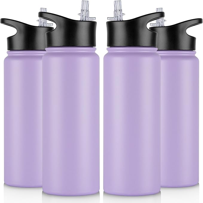 24 oz Insulated Water Bottle Bulk 4 Pack, Stainless Steel Sports Water Bottles with Straw Lid & Wide Mouth Lids, Double Walled Vacuum, Leak Proof, Purple