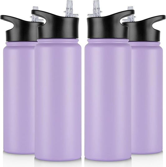 24 oz Insulated Water Bottle Bulk 4 Pack, Stainless Steel Sports Water Bottles with Straw Lid & Wide Mouth Lids, Double Walled Vacuum, Leak Proof, Purple