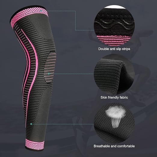 2 Pack Full Leg Compression Sleeves, Long Knee Brace Support for ACL,PCL, Meniscus Tear, Arthritis, Tendinitis,Men And Women (Rose Red, X-Large)