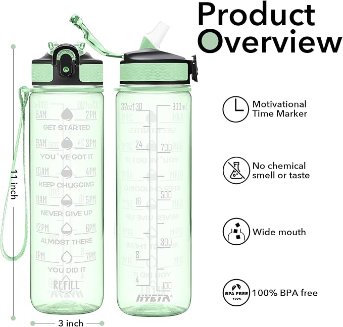 Hyeta Water Bottle with Straw & Time Marker, Plastic 32oz Leakproof | Motivational Tritan BPA Free Gym Office Outdoor Intake Tracker Hourly Reminder Straw Lid Carry Strap