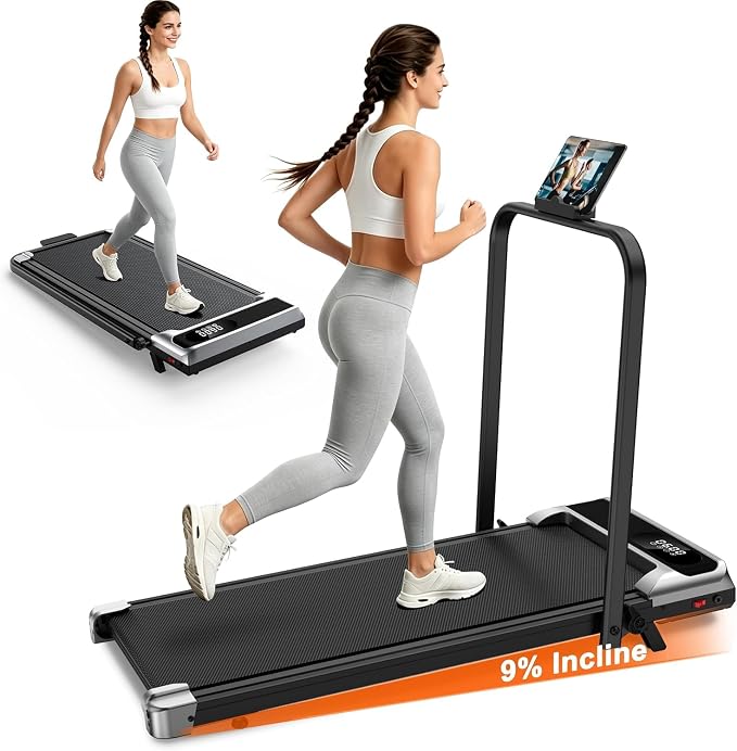 Walking Pad Treadmill for Home - 3.0HP Tread Mills with with 9% Incline, Compact Walk Pad Running Machine Handle Bar Indoor Foldable for Small Spaces Under Desk Office