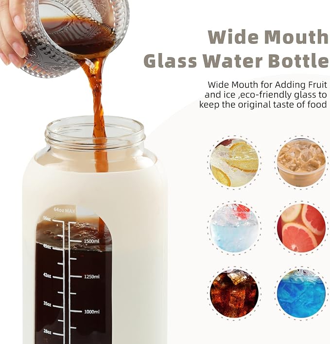 42 oz Glass Water Bottle with 2-in-1 Straw Lid Large Half Gallon Water Bottle with Time Marker & Removable Silicone Sleeve,Wide Mouth BPA-Free Borosilicate Bottle for Gym, Workout & Daily Use