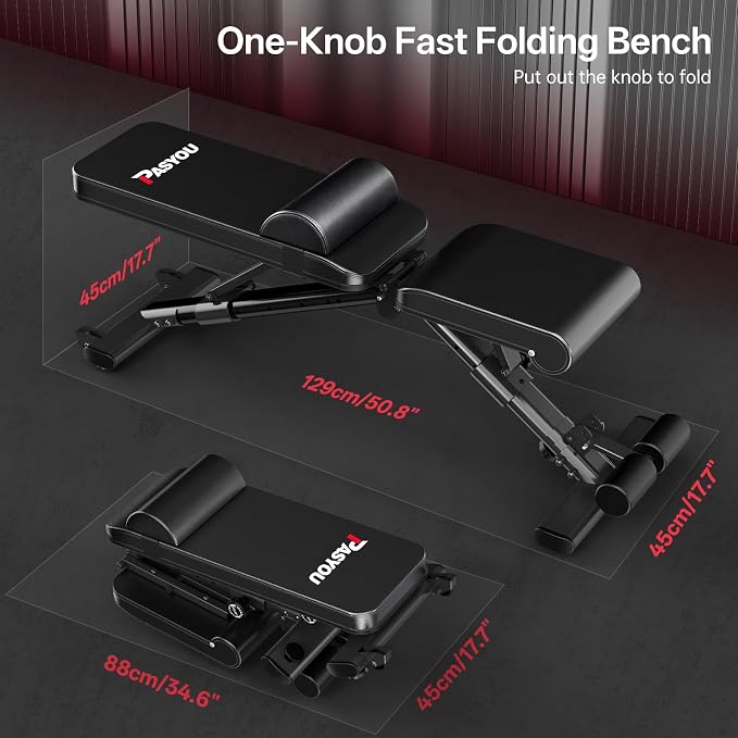 PASYOU Adjustable Weight Bench, 660LB Foldable Workout Bench for Home Gym, Incline Flat Bench Press for Full Body Workout, Dual-Frame Strength Training Bench, No Assembly Required