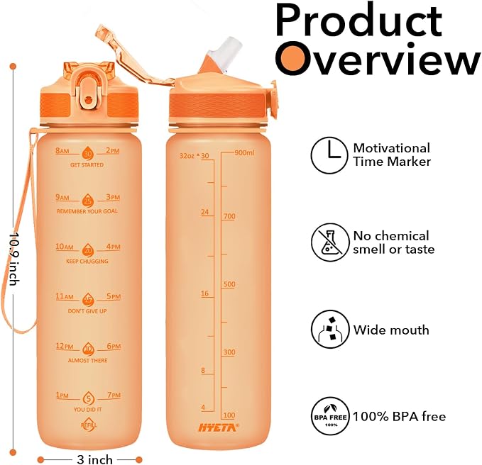 Hyeta Plastic Water Bottle With Straw & Time Marker, 32oz Leakproof Jug | Motivational Tritan BPA Free Gym Office Outdoor Intake Tracker Hourly Reminder Straw Lid Lightweight