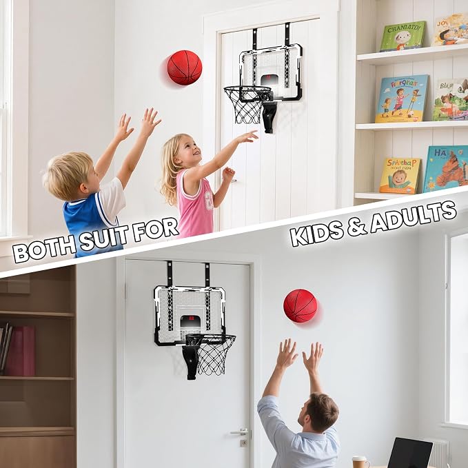 QDRAGON Mini Basketball Hoop with Scoreboard & 7 LED Lighting | Over The Door Indoor, with 3 Balls/Inflator/Breakaway Rim, Basketball Toy Gifts for Kids Adults, Suit for Bedroom/Office