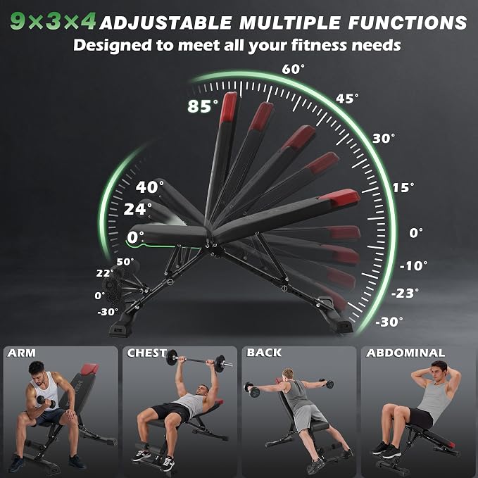 Adjustable Weight Bench 32 In Backrest | Foldable Workout Bench for home gym 660 LBS Incline/Decline Bench Press Exercise Equipment 85°to -30°FID