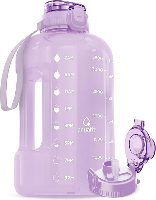 AQUAFIT Gallon Water Bottle with Time Marker, 2in1 Lid | BPA Free 128 oz Water Bottle with 2in1 Straw and Chug Lid - Leakproof Gym Water Bottle with Carry Handle (Purple Haze)