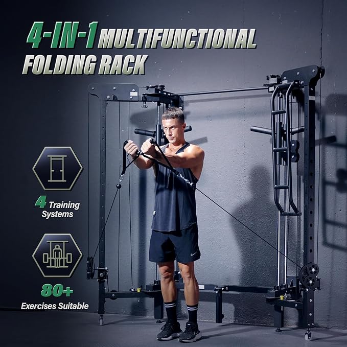 MAJOR FITNESS F35 Folding Power Rack 4-in-1 Home Gym with Cable Pulley System, Multi-Grip Pull-Up Bar, Landmine, 80+ Exercises Space-Saving Gym Equipment Easy Folding for Small Spaces