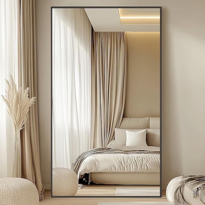 MirrMuse Oversized Standing Mirror Full Length, 76"X44" Extra with Stand | Hanging or Wall Mounted, Black, Large Full Body, for Gym Bedroom Living Room Clothing Store, Tempered Glass