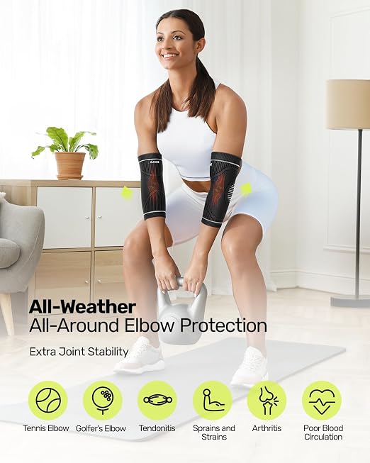 Rakiie Elbow Compression Sleeve 2 Pack, High Elastic Elbow Brace for Tendonitis and Tennis Elbow for Women & Men, Elbow Sleeve for Tennis, Golfer, Badminton, Weightlifting, Grey XL