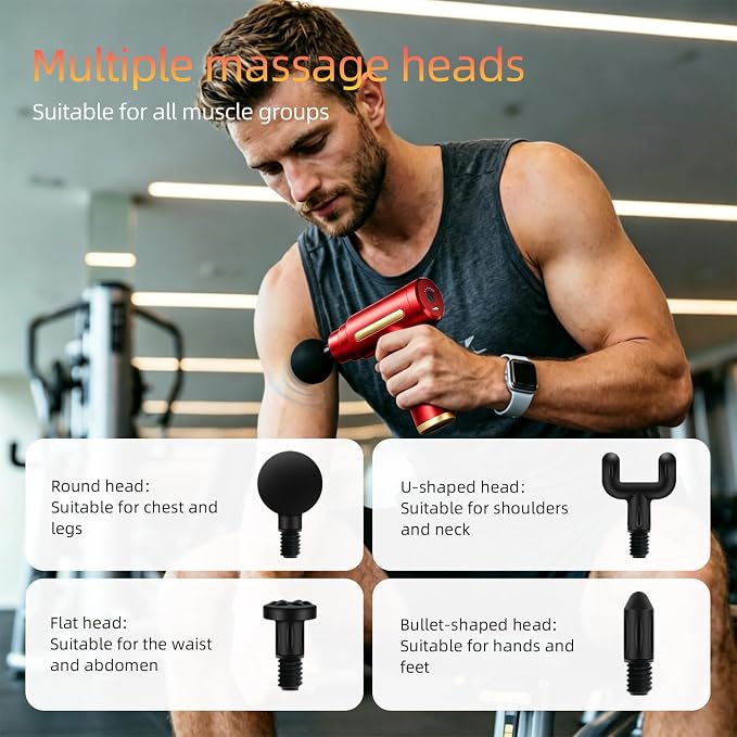 Massage Gun, Electric Massager, Suitable for Whole Body to Relieve Fatigue, Replaceable Massage Head Impact Massager, The Best Choice for Gift Giving (Red-720)