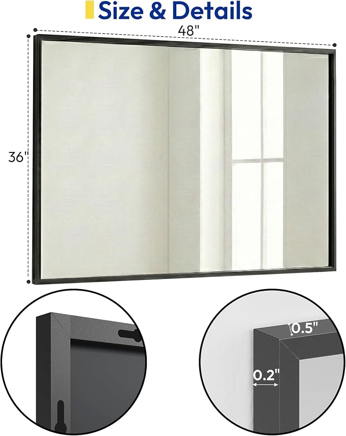 36" x 48" Matte Black Wall Mirror for Bathroom, 48" x 36" Oversized Rectangular Metal Framed Decor, Wide Accent Mirror for Living Room & Vanity