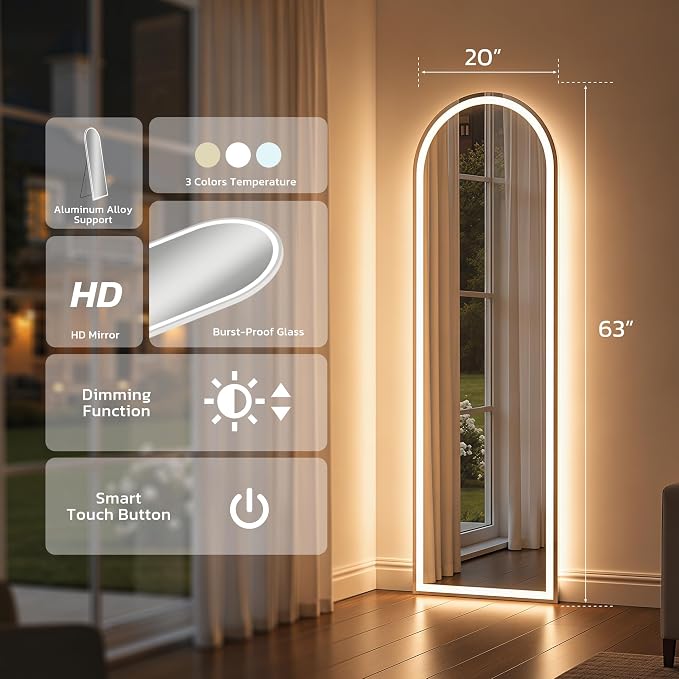 63"x20" Arched Full Length Mirror with LED Lights, Body Floor Mirror with Dimming & 3 Color Lighting, Mirror Full Length for Home Wall Decor, Tall Arch Aluminum Frame for Bedroom Cloakroom