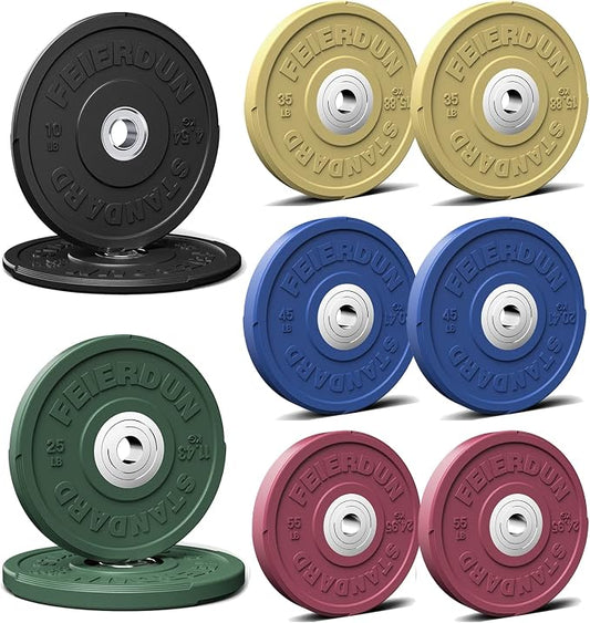 FEIERDUN Color Bumper Plate Set, 2-Inch Olympic Weight Plates, Low Bounce Rubber Barbell Plates with Stainless Steel Insert for Weightlifting, Strength Training, CrossFit & Home Gym, 10LB-370LB