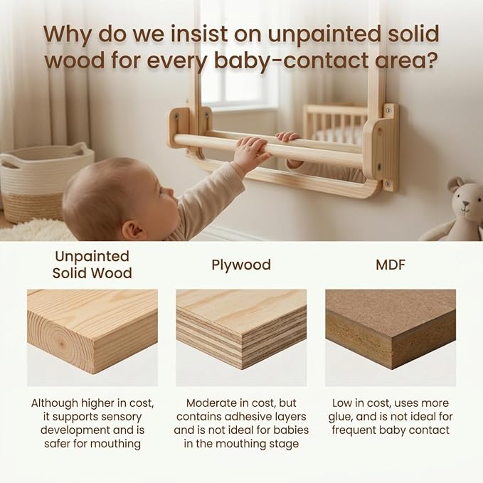 Woodtoe Montessori Mirror with Bar, Adjustable Baby Pull to Stand Toys 6M+ | Natural Solid Wood Frame & Baby Pull Up Bar, Infant Coordination Toddler Mirror, Developmental Toys for Baby 6-18 Months